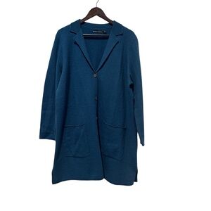 Gudrun Sjoden Organic Wool Long Cardigan Sweater XL Teal Scandi Lagonlook